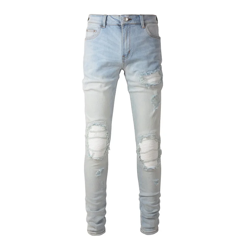 

Best Seller EU Drip Leather Ribs Patchwork Jeans Men's High Street Distressed Slim Fit Stretch Destroyed Holes Ripped Jeans