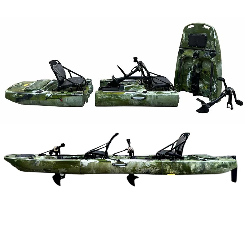 2024 New Trend 14ft Portable 3 Pieces Split Modular Tandem Fishing Kayak With Propeller Pedal Drive