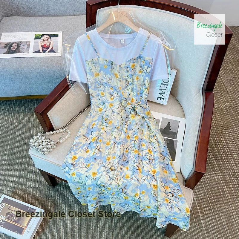 Jupe longue de style coréen, fausse robe deux pièces à manches courtes pour femme, grande taille, ample, slim, tempérament, jupe florale, été