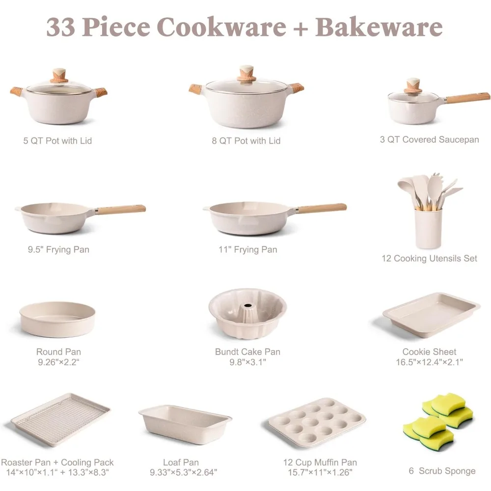 hen Cookware + Bakeware Set Granite Kitchenware Set, Induction Cookware Sets with Frying Pan Stock=