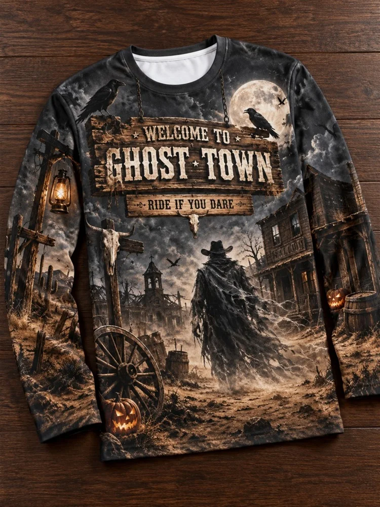 Men's Ghost Town Long Sleeve T-Shirt Western Skull Cowboy Raven Moon Pumpkin Ride If You Dare Graphic Tee Pullover Tops Gift