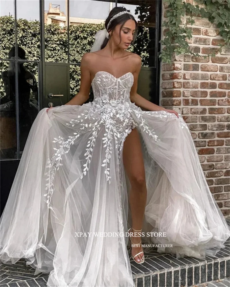 

XPAY Elegant A Line Tulle Wedding Dresses Boho Floral Lace Applique Tulle Split Country Bridal Gowns Plus Size Robe de mariage