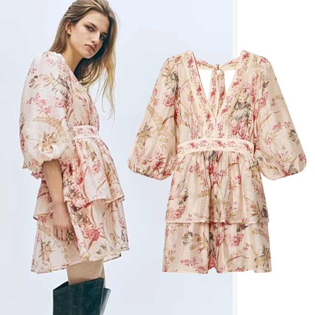 

Jenny&Dave Indie Folk Vintage Floral Print V-neck Mini Dress 2026 Summer Dress Elegant Party Dresses Vestidos Womens Dresses