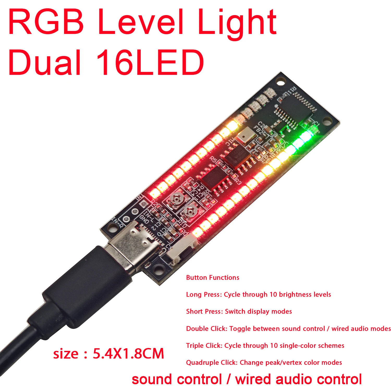 Dual 16 RGB Audio Level Indicator Lights Stereo Music Spectrum Rhythm Atmosphere Lamp VU Meter Pickup Analyzer Car Amplifier