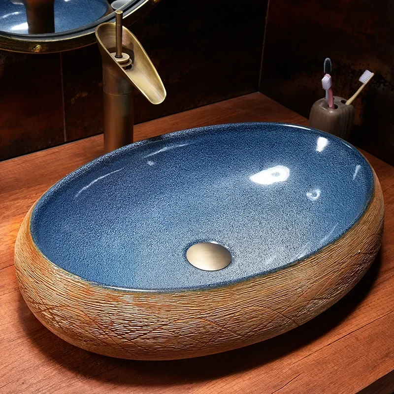 

Art Table Basin Wash Basin Handmade Creative Starry Sky Glaze Washbasin Bathroom Vintage Ceramic Single-Sided Basin Home
