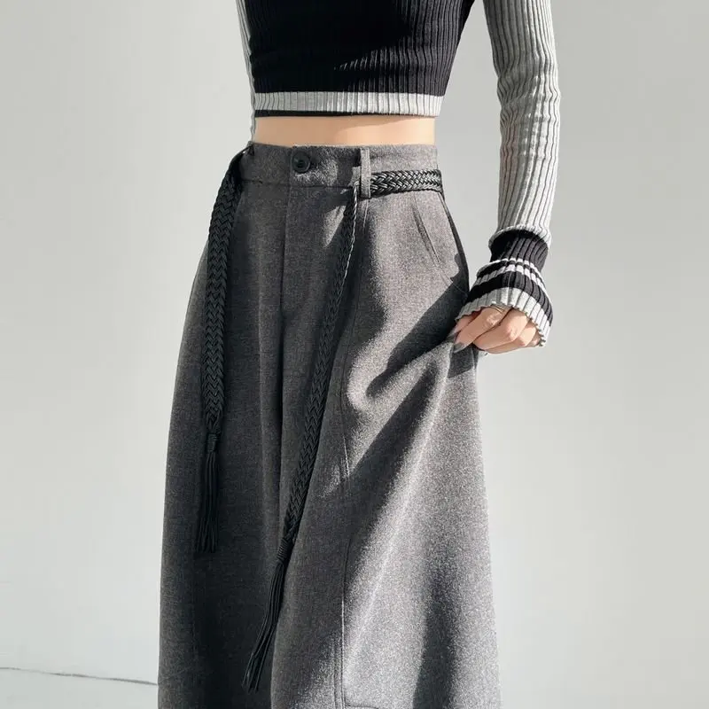 

Широкие брюки с высокой талией для женщин, повседневные шерстяные утепленные зимние брюки, элегантные драпированные брюки для осени и зимы