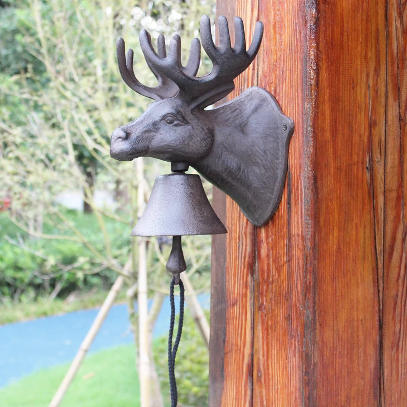 UMEKO Heavy Duty Cast Iron Wall Mounted Bell Retro Reindeer Head Big Size Hand Shaking Hanging For Home Front Door Church School