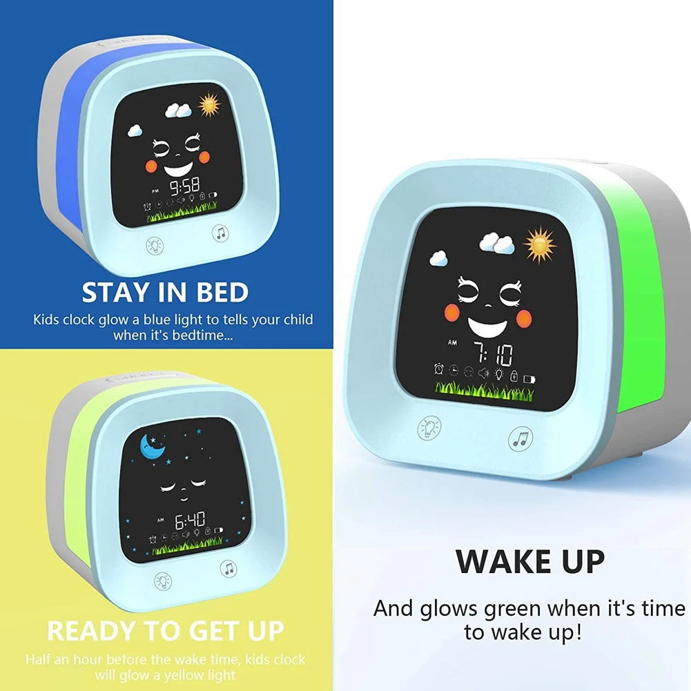 Kids Alarm Clock for Kids, Children's Sleep Trainer Clock with 4 Color Toddler Night Light, Sleep Sound Machine, Blue