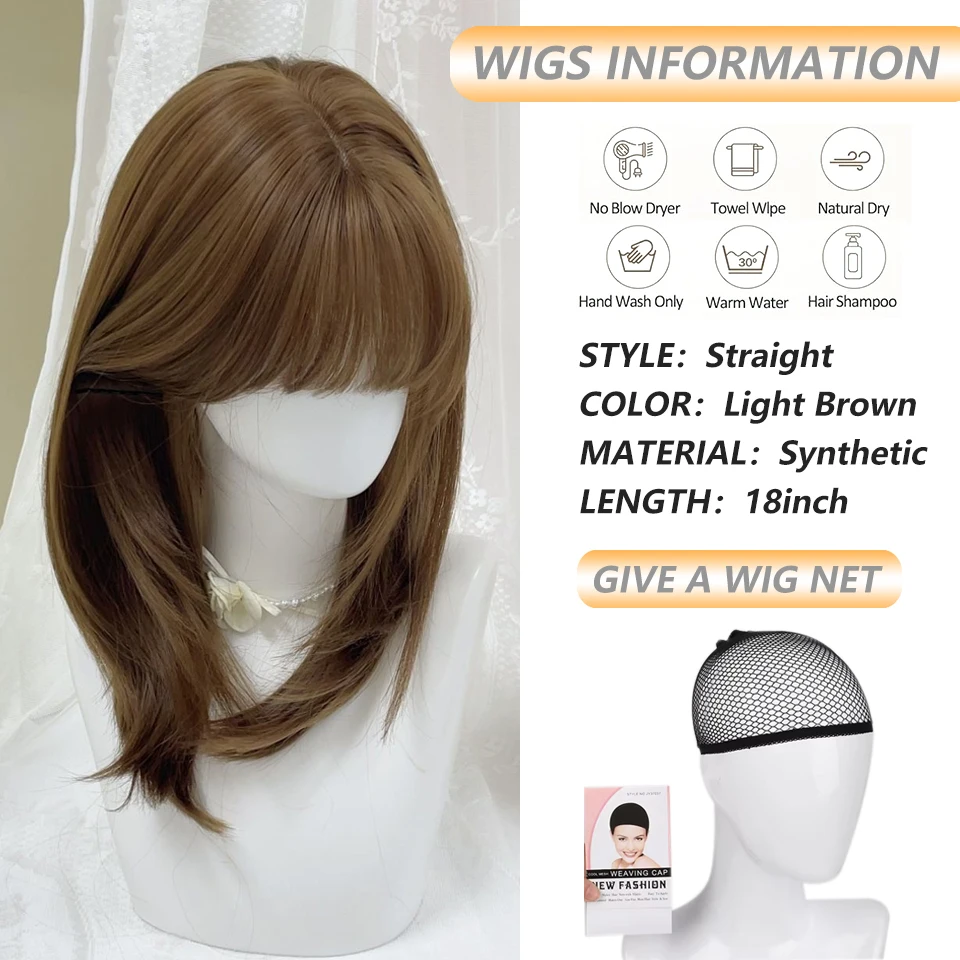 Honey Brown Synthetic Wigs Short Straight Layered Wig For Women Lolita Cosplay Party Daily Wear Natural Wig With Bangs