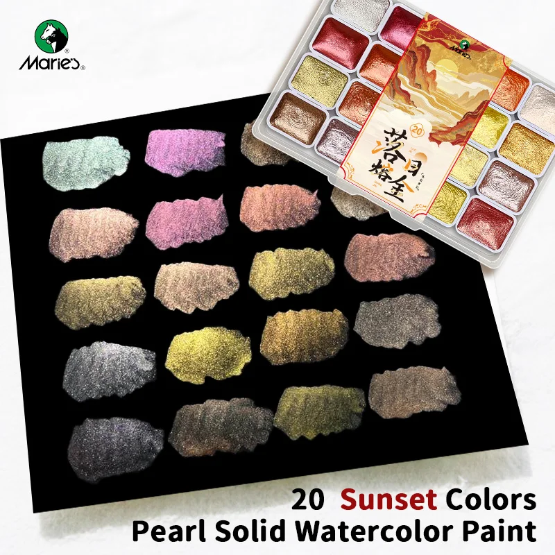 Marie's 20 Sunset Colors Pearlescent Solid Watercolor Paint, Vibrant Colors Metallic Sparkly Shimmer Glitter Paint for Manicure,