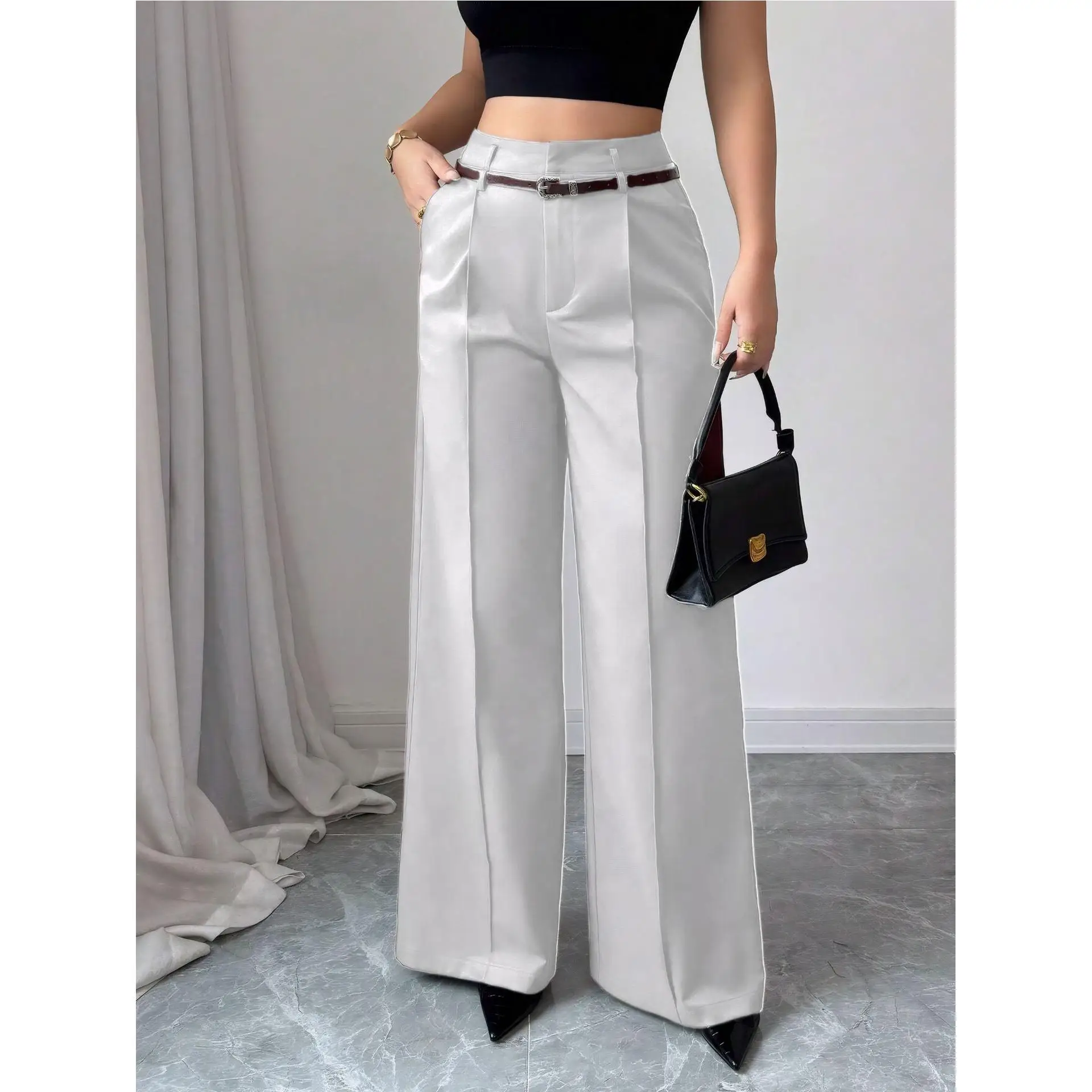 ハイウエストワイドレッグパンツ女性のカジュアルスリミングパンツ多用途ルーズフィットストレートカットハイウエストストレートレッグパンツ