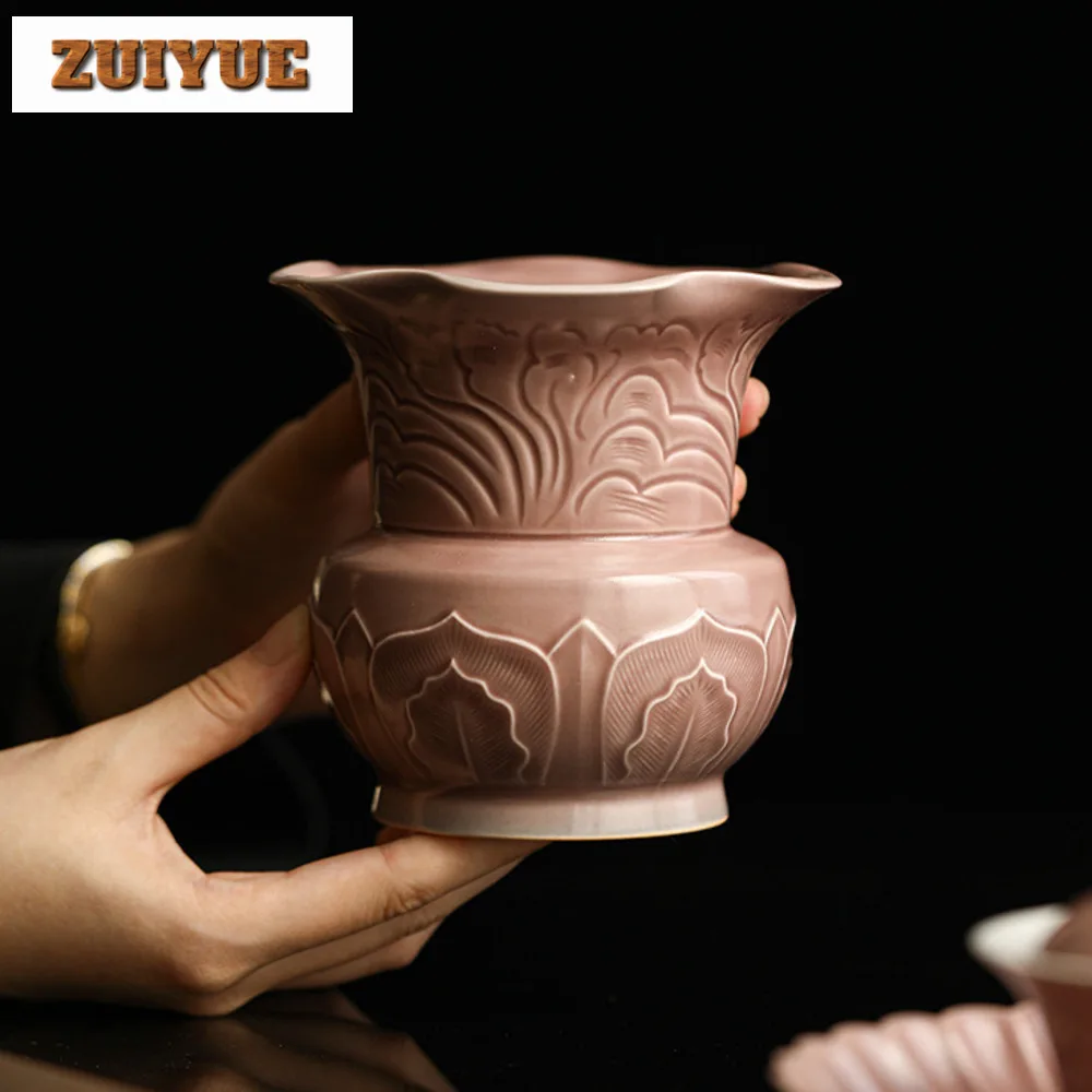 480ml Purple Red Glaze Handmade Tea Washing Lotus Petal Vase Jianshui Tea Cup Wash Writing-brush Washer Tea Residue Bucket Craft