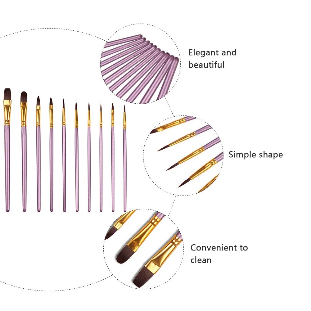 Conjunto de pincéis de pintura a óleo, cabo roxo, aquarela, nylon, lã, cabo de madeira, pincéis de arte para pintura em tela, com 10 peças