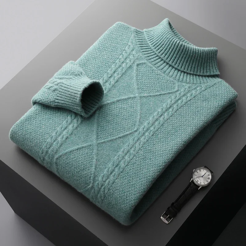 Autumn and Winter New Men's Thickened Cashmere Sweater 100% Beautiful Wool Knitted Top Casual Large High Reverse Collar Pullovre