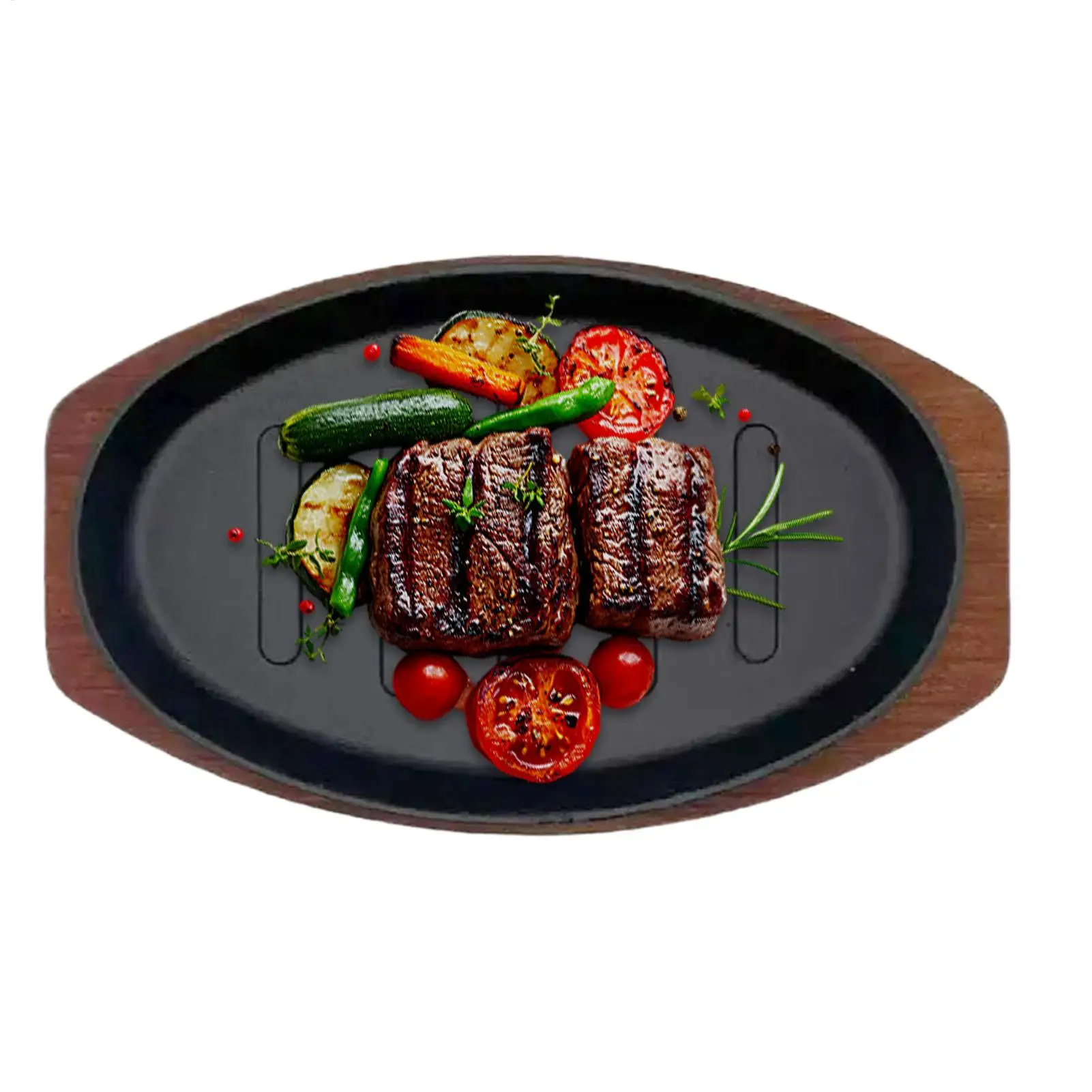 Cast Iron Oval  Shape Restaurant Barbecue Plate Steak Sizzling Hot Pan Plate with Wooden Base Teppanyaki Grilled Fish Tray view 3