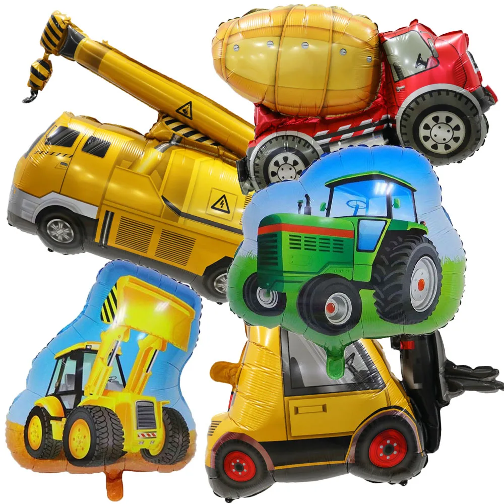 5pcs Construction Themed Balloon Carton Vehicle Balloon Excavator Forklift Crane Balloons for Boy's Construction Birthday Party