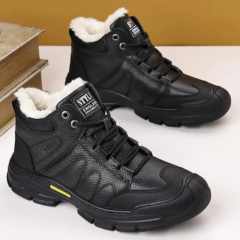 

Genuine Leather Winter Waterproof Men Boots lace up oxfords Plush Super Warm Snow Boots Men high top Sneakers Men Ankle Boots