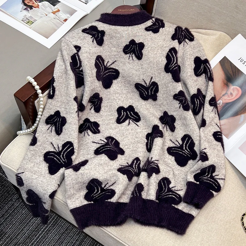 Women New Fashion Butterfly Elegant Wool Knitwear Autumn Winter Daily O-neck Loose Pullover Commute Thick Warm Soft Sweaters