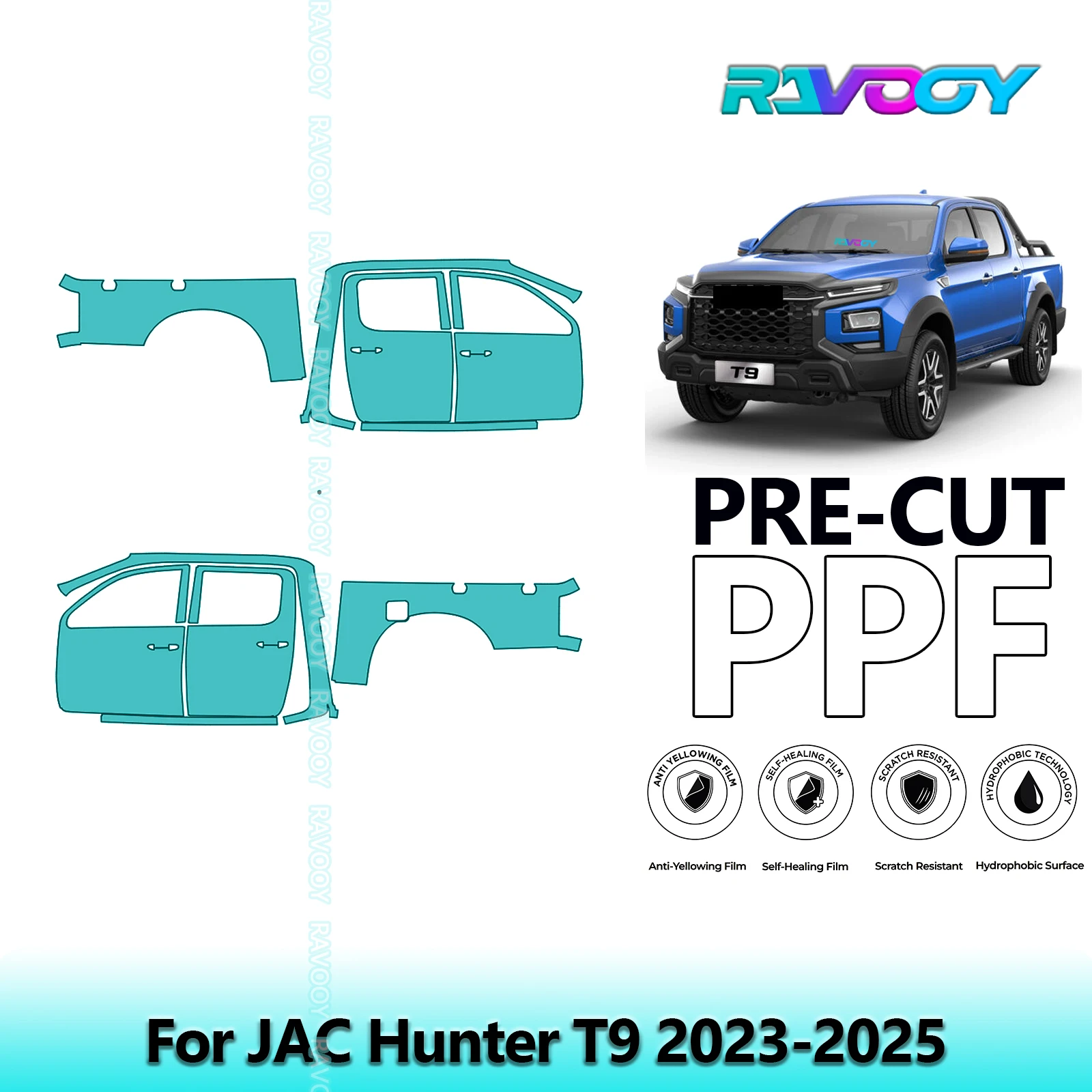 

For JAC Hunter T9 2023-2025 8.5mil Clear Matte Pre-Cut PPF Door & A/B Pillar Kit TPU Paint Protection Film Set