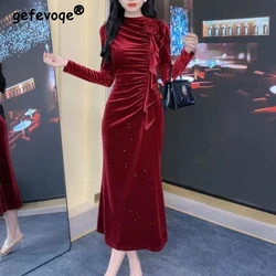 Women Vintage Fashion Ruffles 3D Flower Design Elegant Party Dresses Autumn Winter Ruched Long Sleeve Bodycon Midi Dress Vestido