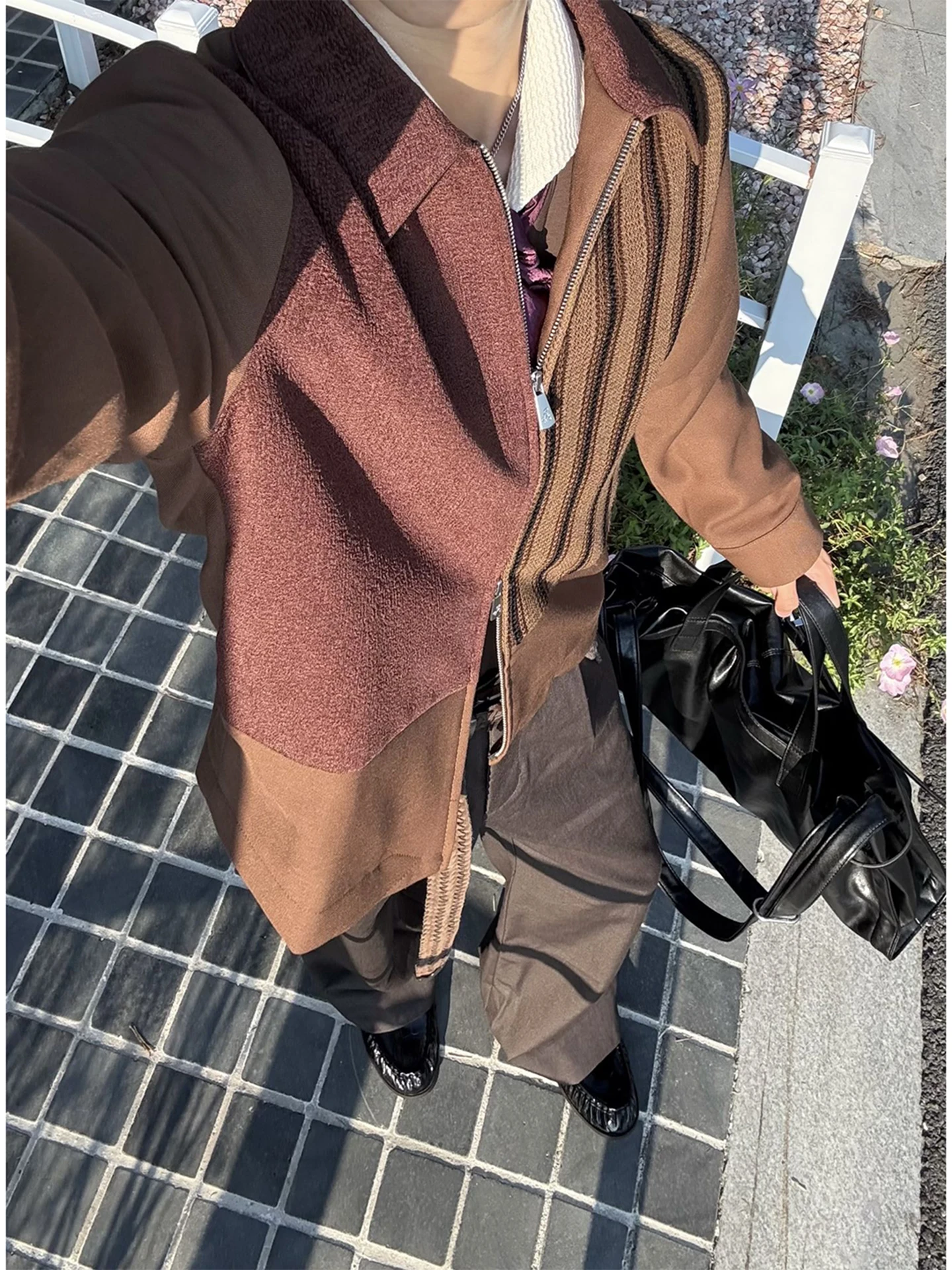 

Patchwork Stripe Color Blo Men's Jaet Autumn Casual Loose Fit oulder-Length Zipper Closure Cotton Polyester Blend