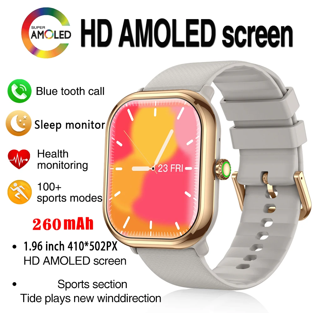 

1.96 Amoled HD Screen Heart Rate Blood Oxygen Health Smart Watches Men Blue Tooth Call Smartwatch Women 100+ Sports Modes Music