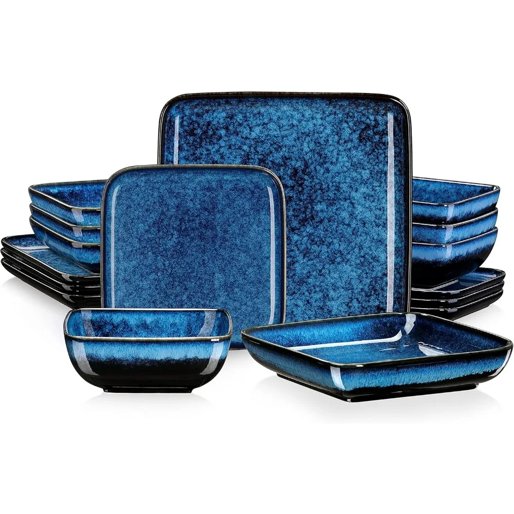 

vancasso Stern Blue Dinner Set Square Reactive Glaze Tableware 16 Pieces Kitchen Dinnerware Stoneware Crockery Set with Dinner