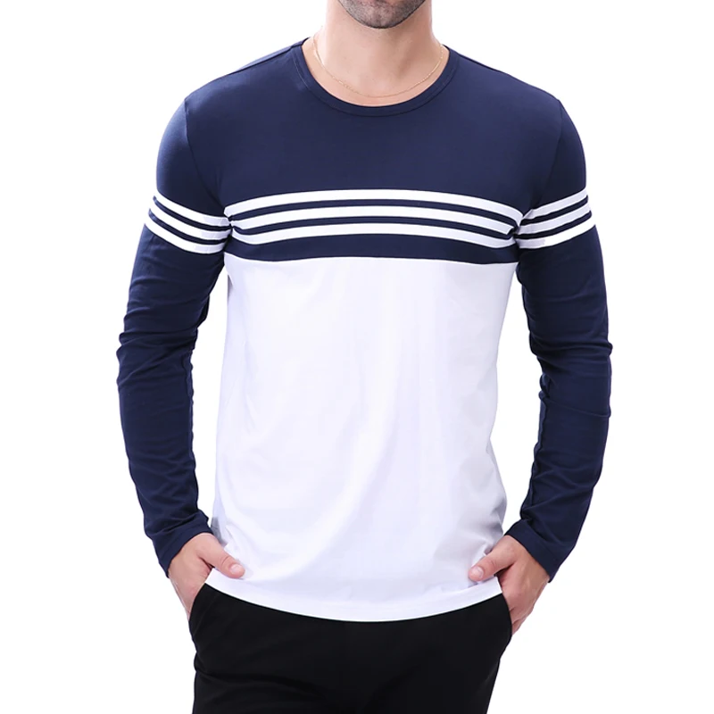 Men\'s Striped Patchwork Long Sleeve T Shirt Casual O Neck Color Block Top Tees