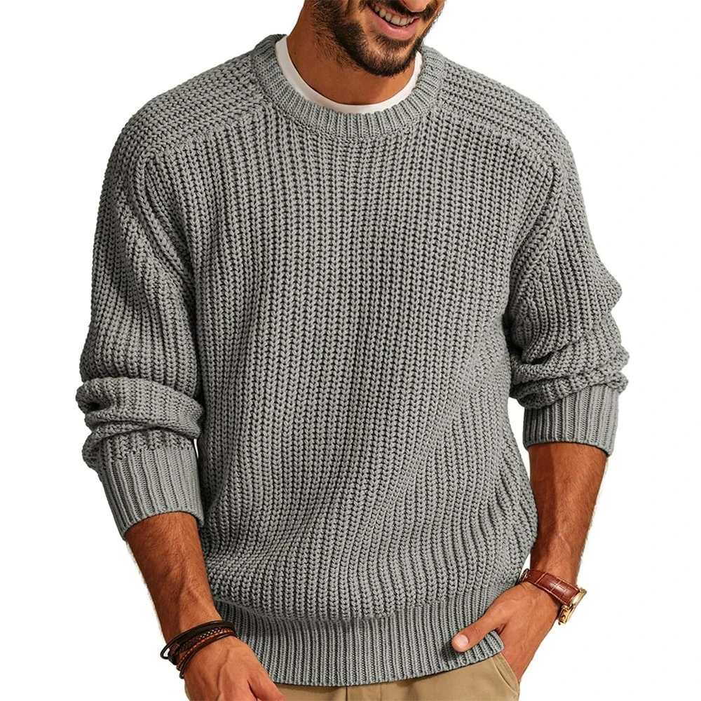 

American retro knitted sweater solid color long sleeved round neck fashionable sweater loose new men's clothing