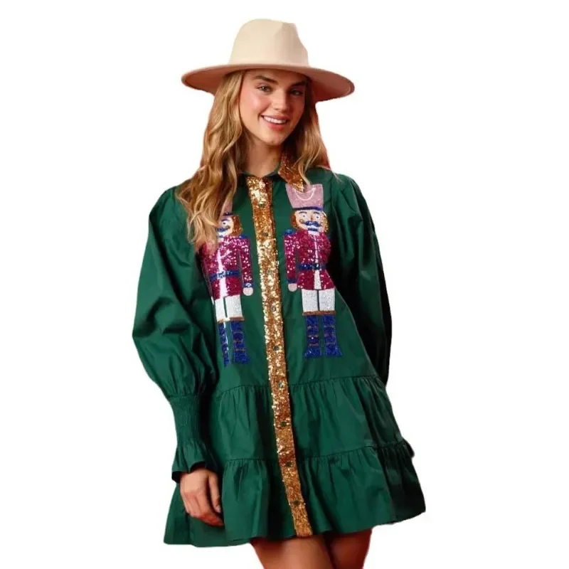 Mulheres lantejoulas natal quebra-nozes camisa vestido de festa de férias vestidos de moletom manga longa em camadas mini vestido de baile novo