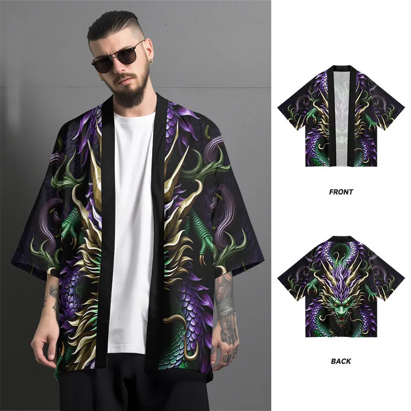 سترة هاراجوكو مطبوعة بالتنين كيمونو ملابس الشارع للرجال والنساء سترة كوسبلاي هاوري يوكاتا للشاطئ على الطراز الياباني مقاس كبير