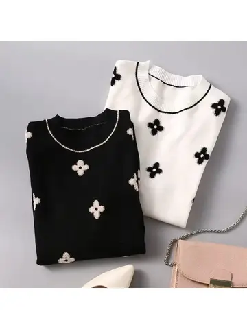 2025 Casual Thin Knitted T-Shirt Summer Short Sleeve Tops Elegant Woman Clothes Embroidery Flower Fashion Tee Shirt Femme New