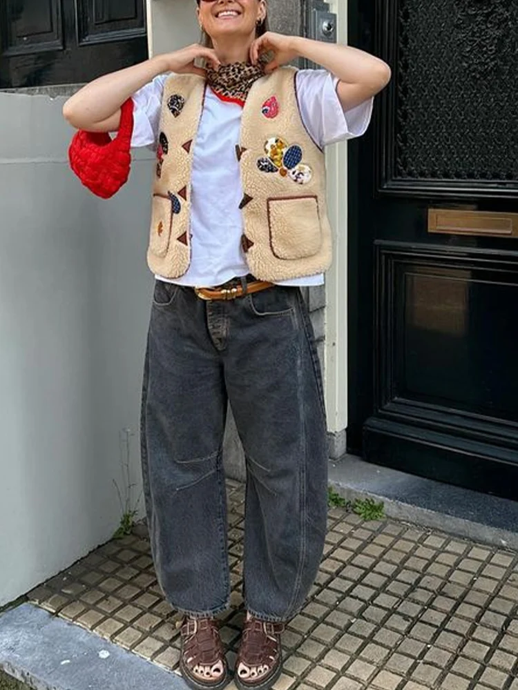 

Европейский и американский стиль, осенний новый женский модный тренд, контрастный цветной вышитый жилет, свободный короткий жилет, топ