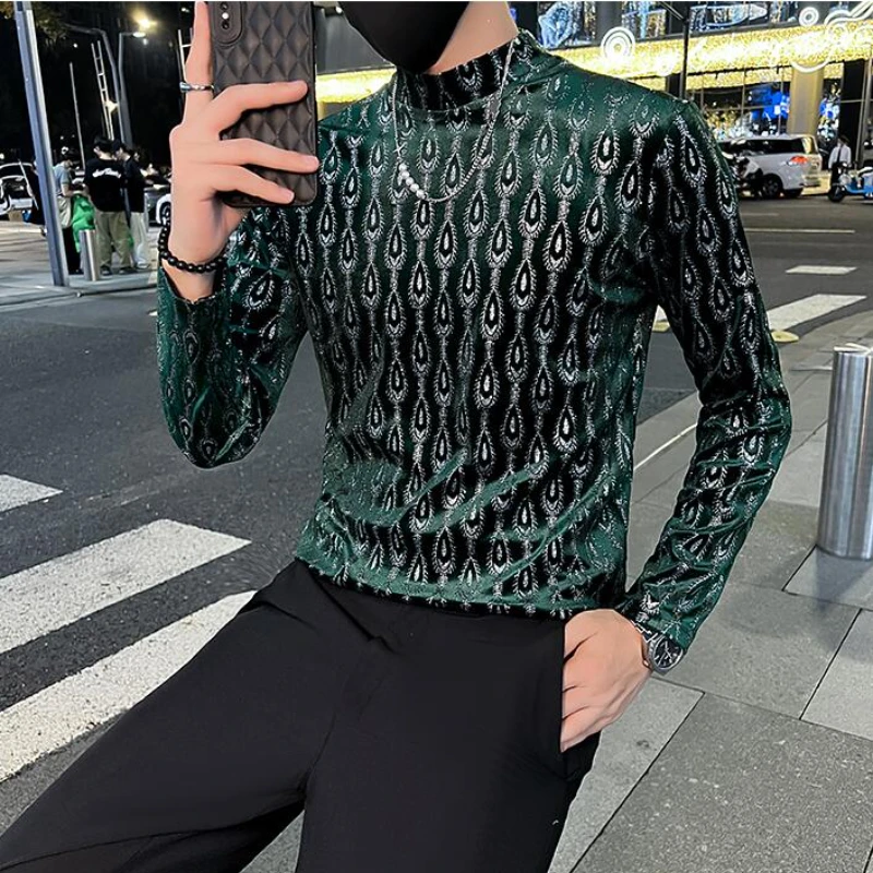 2023 Autumn Winter Velvet T Shirt Men Long Sleeve Half Turtleneck T Shirts Casual Slim Tees Tops Streetwear Social Tshirt M-4XL