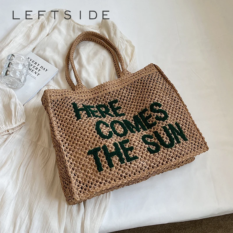 

LEFTSIDE Letter Design Big Straw Tote Bags for Women 2024 Fashion Summer Shoulder Bags Lady Travel Handbags Weave Beach Bag