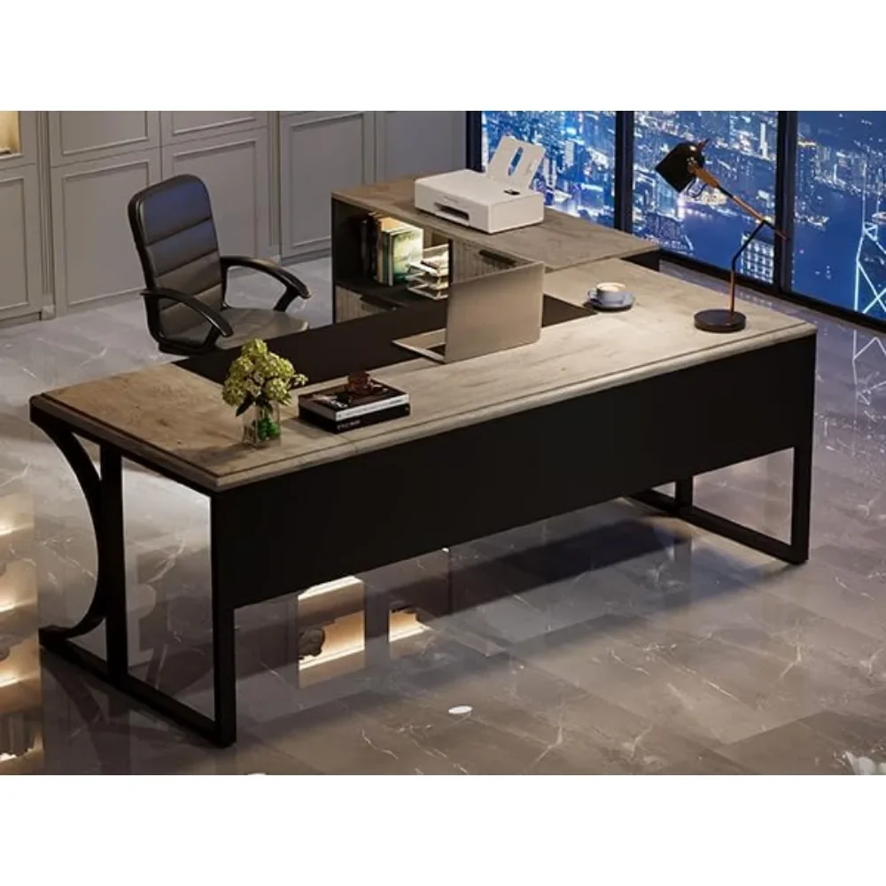 L Shaped Executive Desk and Mobile File Cabinet with Led Light Combo, 63 inch Computer Desk Office Desk Writing Desks