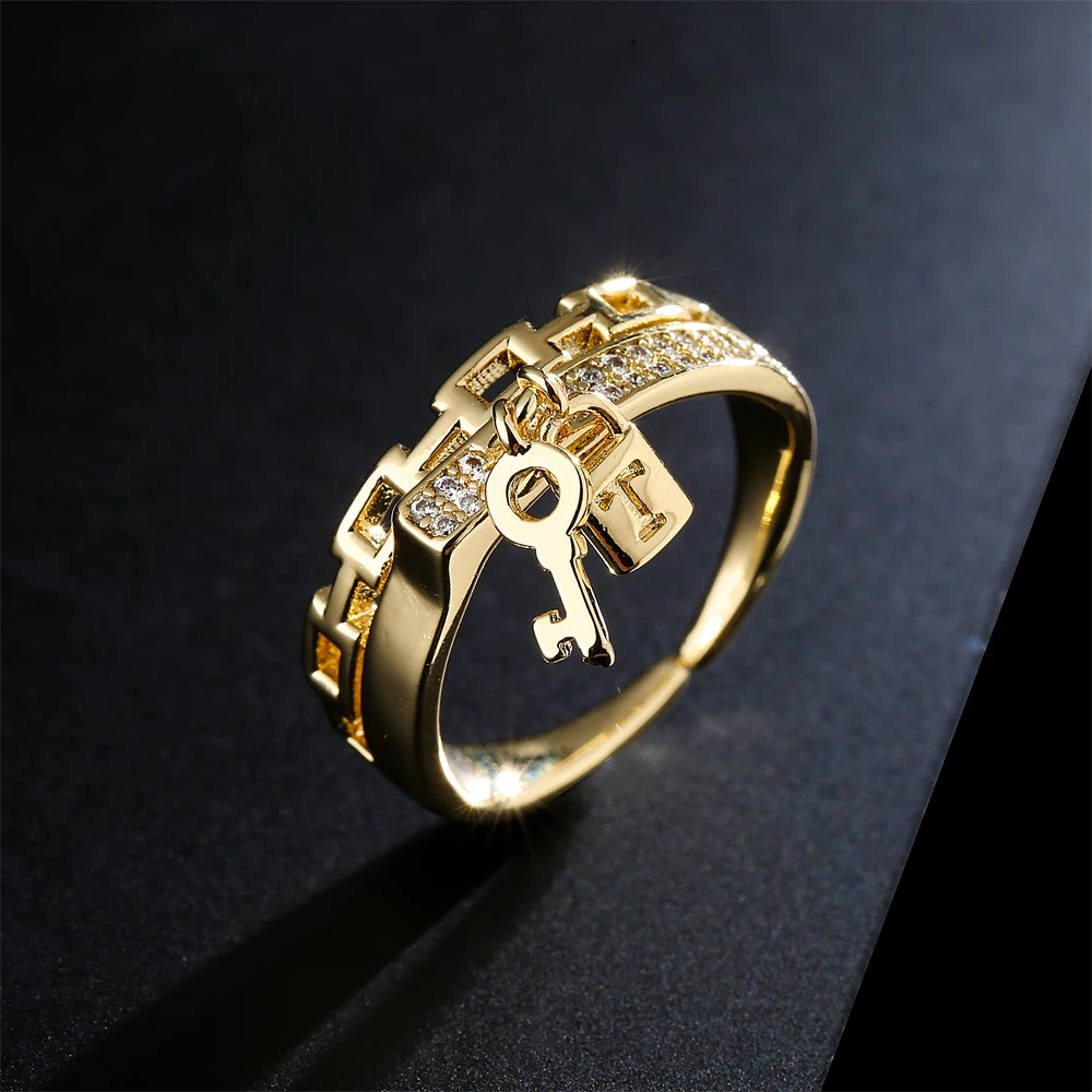 NEWBUY Fashion Gold Color Copper Wedding Jewelry Luxury AAA CZ Zircon Lock & Key Charm Finger Ring Adjustable For Women Girl