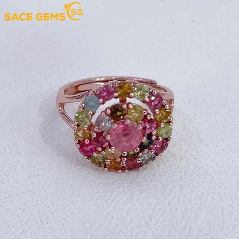 

SACE GEMS 925 Sterling Silver 5*5mm Natural Tourmaline Luxury Rings for Women Created Wedding Engagement Party Fine Jewelry