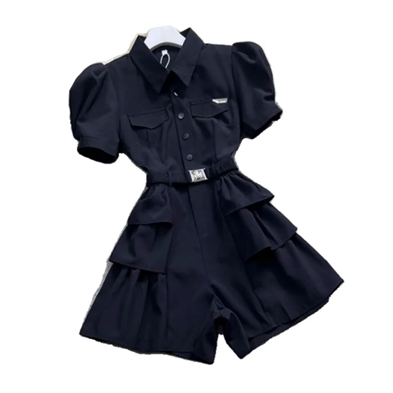 2023 Summer Jumpsuit Women Black Wide Leg Shorts Ruffles Fashion Short Sleeve Overalls Female High Waist Casual Cargo Pants