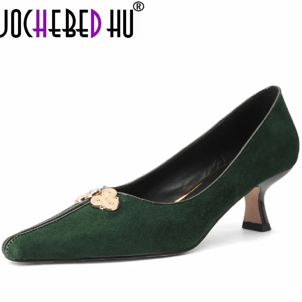 【JOCHEBED HU】Fashion Women Brand Genuine Leather Shoes Pumps Low Metal High Heels Ladies Work Dress Shoes 33-40