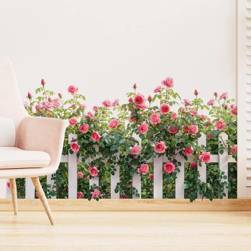 Rose Fence Flowers Wall Art Decor Living Room Self Adhesive Wall Stickers For Bedroom Office Decoration
