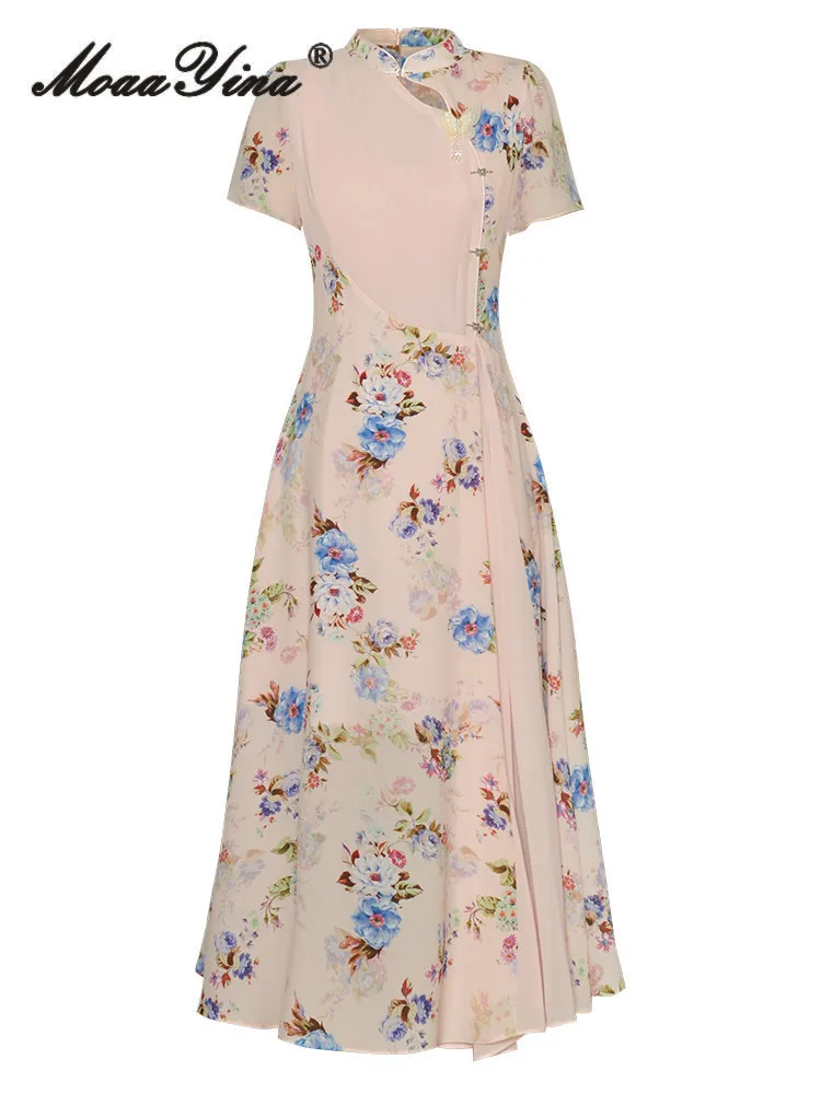 

MoaaYina Summer Fashion Designer High Quality Women Dress Vintage Floral Print Beading Butterfly Appliques Chiffon Long Dresses