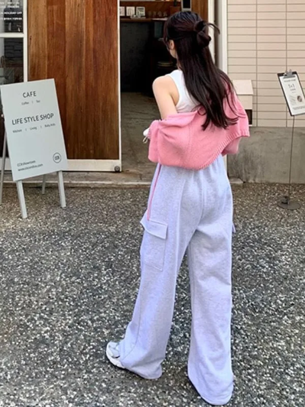 Calças casuais chiques com cinto de cintura alta American Sle Faionable Calças de trabalho de pernas largas com grandes chuteiras para mulheres