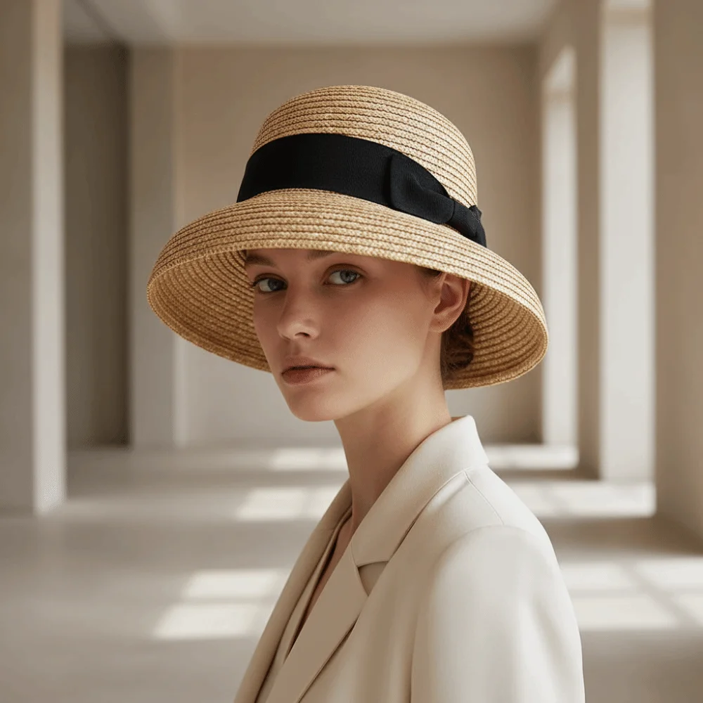 High-Density Weave Wheat Straw Cloche Breathable Retainable Shape French Style Sun Hat Grosgrain Ribbon Trim