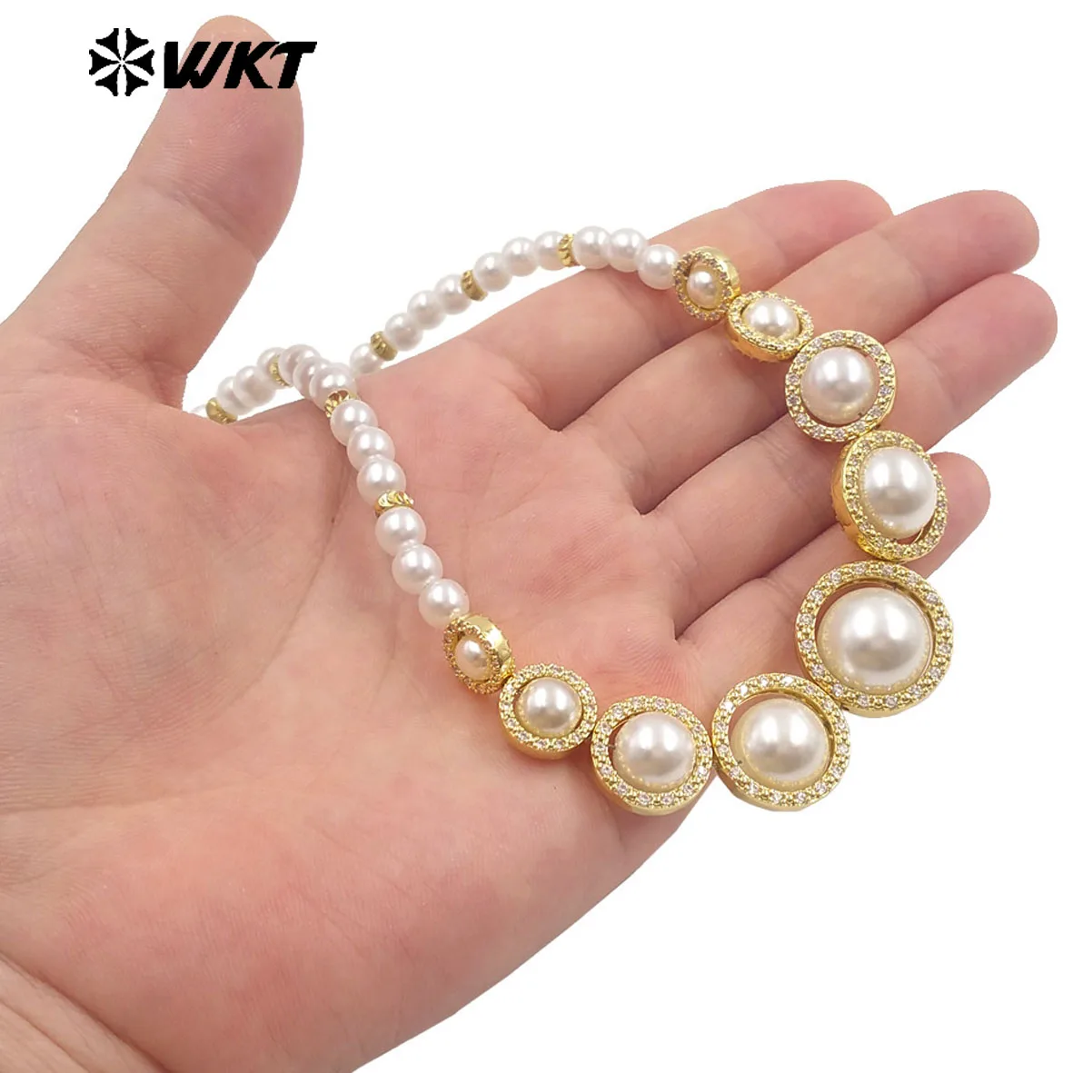 

WT-JN290 Wholesale Fashion Gold Plated Different Size Of Beads Women 16 Inch Long Choker Necklace With Zircon Around