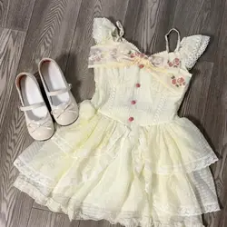 Summer Japanese Kawaii Sleeveless Dress Women Casual Y2k Clothing 2000s American Vintage Lace Mini Dress Outwear Korean Fashion