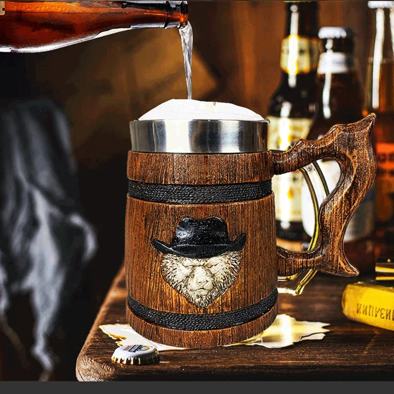 580ml 3D Stainless Steel Mug Lion Tiger Wooden Barrel Drinking Cup Resin Beer Stein Tankard Coffee Tea Cup Halloween Gift Bar