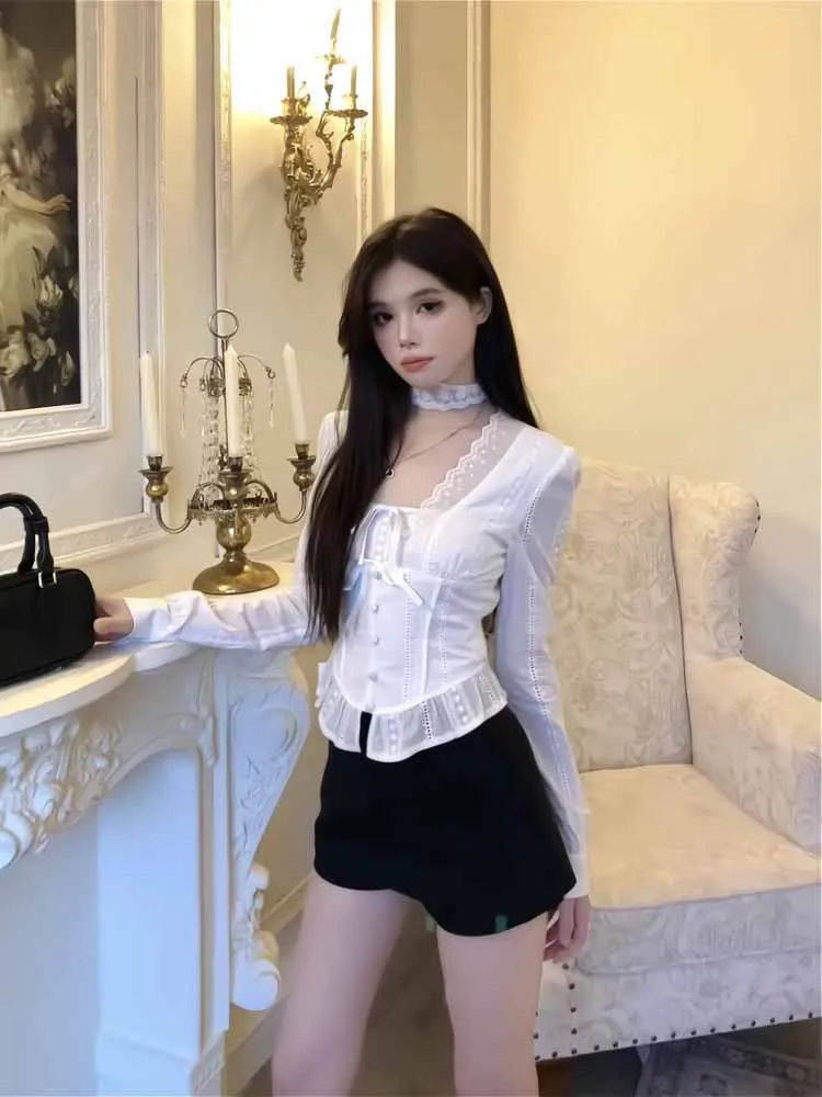 Keni plus Size Lace Base Shirt Women Early Autumn High Waist Slim Top Half Skirt Set Korean Style A-Line Long Sleeve Short Dress