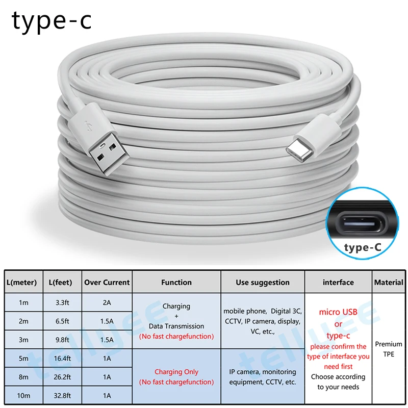 USB C extra long data cable 1M 2M 3M 5M 8M 10M Type-C port extra long charger cable for iPhone 15 Samsung camera