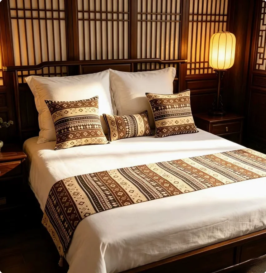 Ethnic Style Chenille Jacquard Bed Runner Set, Retro Geometric Striped Bed Scarf, Bed End Cover for Hotel Homestay Inn Decor
